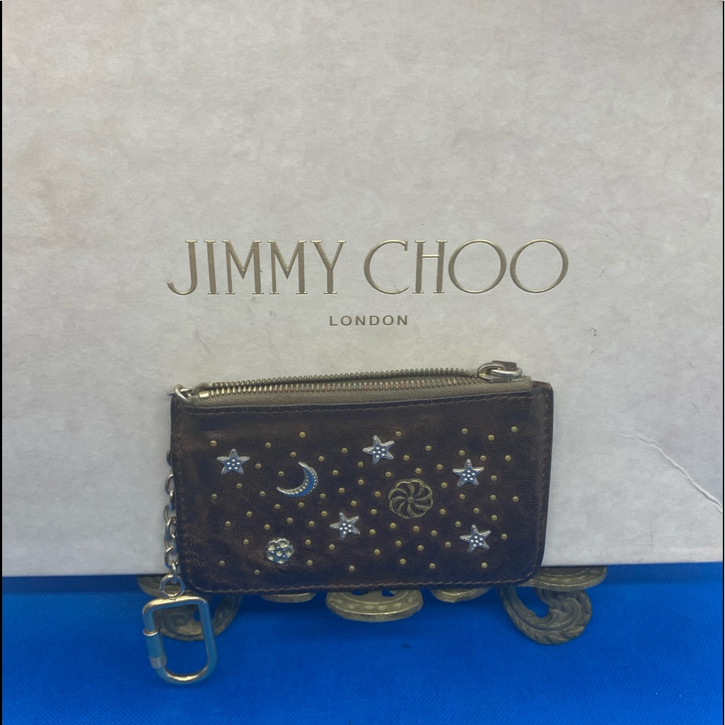 Genuine Jimmy Choo Star Studs Brown Leather Key Holder Coin Holder Purse
